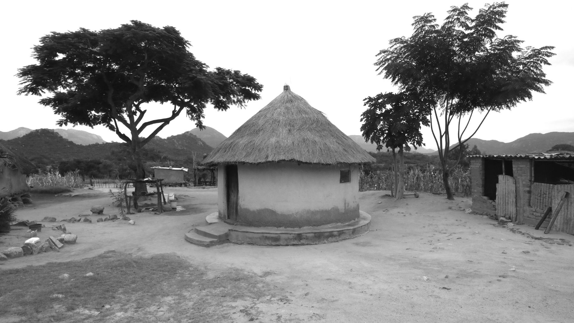 Photo of a hut in the middle of a clearing in Africa